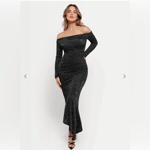 Popilush Shapewear Metallic Knit Long Sleeve Slim Mermaid Maxi Dress